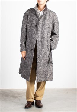 Men's Corneliani Black White Herringbone Belted Wool Coat 