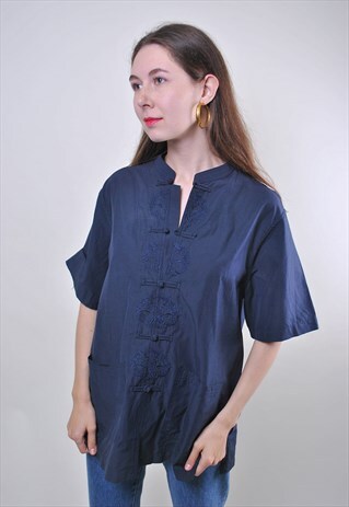 VINTAGE BLUE ORIENTAL WOMAN BLOUSE WITH EMBROIDERY