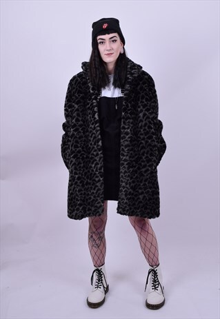 VINTAGE 80'S GREY BLACK FESTIVAL FAUX FUR COAT SIZE LARGE