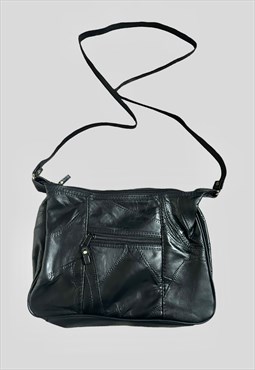 80's Vintage Black Leather Unworn Patchwork Cross Body Bag
