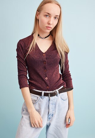 90'S RETRO GRUNGE SHIMMER KNIT TEEN JUMPER TOP BLOUSE