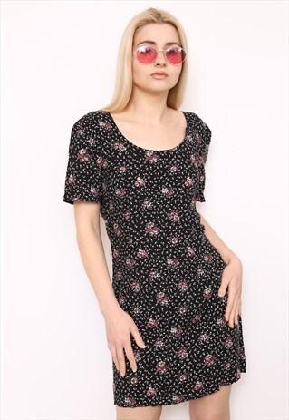 VINTAGE 90S BLACK FLORAL PRINT MINI DRESS
