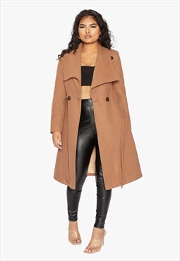 Camel Waterfall Lapel Double Breasted Duster Coat