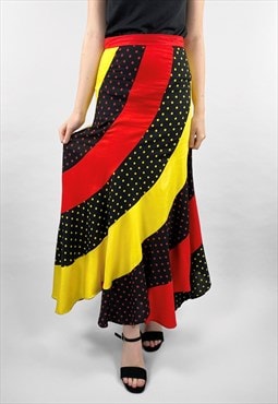 70's Hankerchief Hem Polka Dot Yellow Black Red Midi Skirt