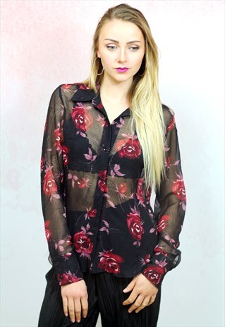 1990S VINTAGE JET BLACK SEMI SHEER PINK ROSE SHIRT BLOUSE
