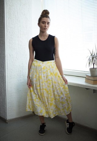 VINTAGE 80'S MIDI YELLOW/WHITE PLEATED SKIRT