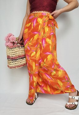 Vintage 90s colorful orange floral maxi skirt 