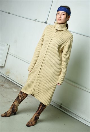 VINTAGE Y2K RETRO LONGLINE RIBBED KNIT CARDIGAN JACKET DRESS