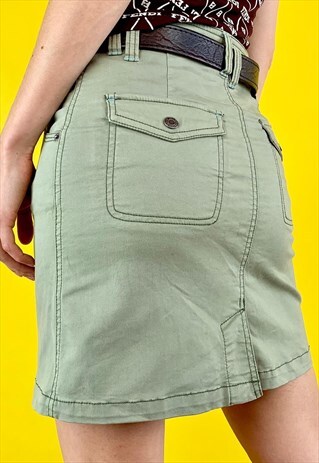 VINTAGE HIGH WAISTED Y2K CARGO MILITARY KHAKI GREEN SKIRT