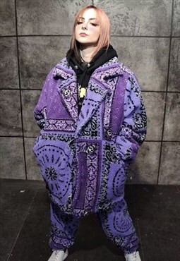 70s paisley fleece jacket hand made bandana trench purple