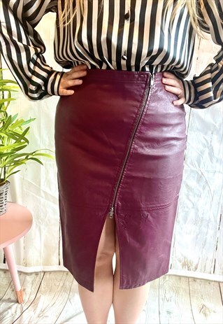 Vintage Maroon Leather Style Zip Up 80's Pencil Skirt