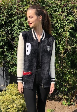 Fluffy cardigan style bomber jacket with patch in black