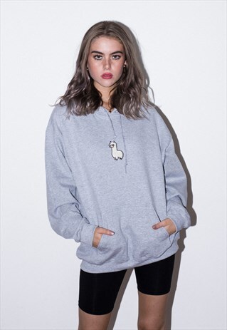 LLAMA EMBROIDERED GREY HOODY