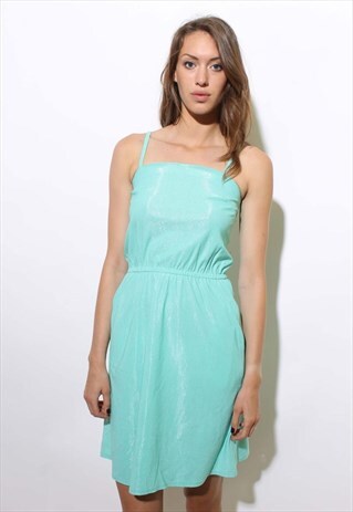 VINTAGE 1970'S 70'S SEAFOAM SILVER DISCO DRESS POCKETS XS-S