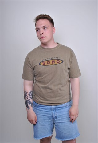 90S NEW YORK SOHO KHAKI GREEN T-SHIRT, SIZE M
