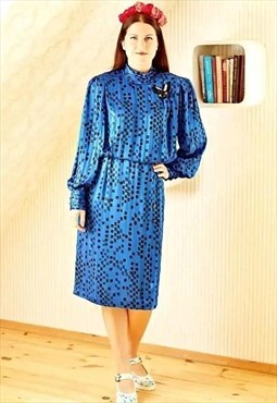 Royal blue long sleeve vintage dress with shoulder pads
