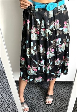 80s Belted Full printed Midi Skirt - Large