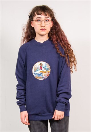 VINTAGE 90'S NAVY BLUE DUCK PRINT SWEATSHIRT