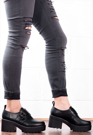 CHUNKY BLOCK HEEL ANKLE BOOTS IN BLACK LEATHER STYLE-VENICIA