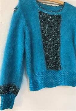 Crochet & Mohair 90's  Teal jumper. Long Puff Sleeves. 8/10