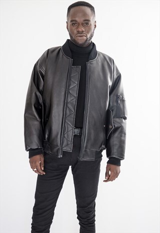 80S VINTAGE BLACK LEATHER BOMBER JACKET