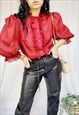 70s vintage handmade vine red puff sleeve ruffle blouse top