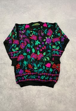Vintage Knitted Jumper Embroidered Flower Patterned Knit