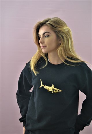 EMBROIDERED GOLD SHARK BLACK SWEATER