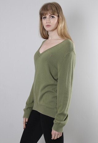 VINTAGE 90S TOMMY HILFIGER GREEN V NECK JUMPER