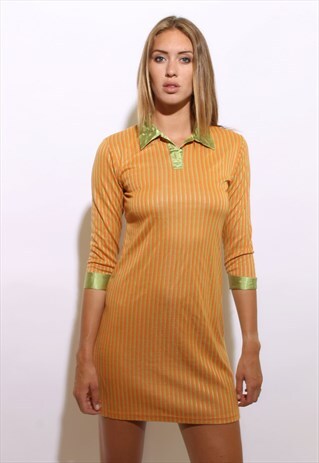 VINTAGE 1990'S 90'S BRIGHT ORANGE GREEN STRIPED DRESS S-M