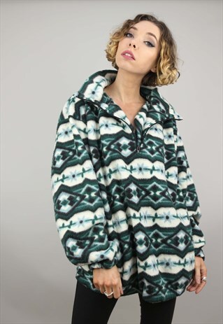 VINTAGE 90S OVERSIZED 1/4 ZIP PATTERNED FLEECE GREEN