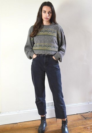 90S VINTAGE GREY AND GREEN PATTERNED KNIT JUMPER