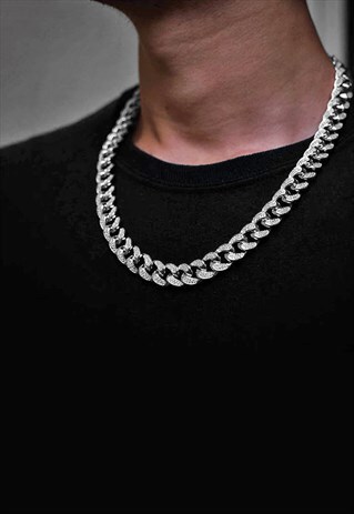 10MM 24" DIAMOND ICED OUT CUBAN CURB NECKLACE CHAIN - SILVER
