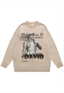David statue sweater ripped jumper grunge knitted top beige