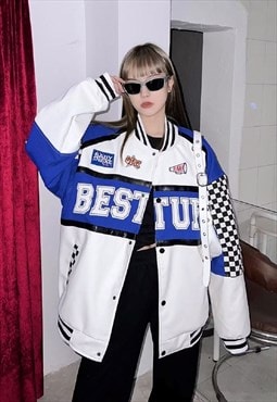 Faux leather motorcycle jacket check racer bomber blue white