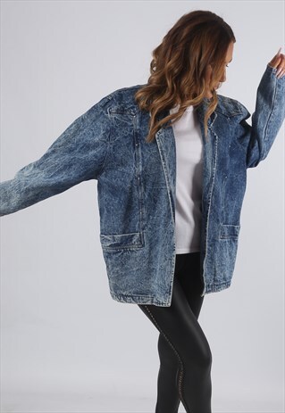 VINTAGE DENIM BLAZER JACKET OVERSIZED ACID WASH UK 14 (93I)