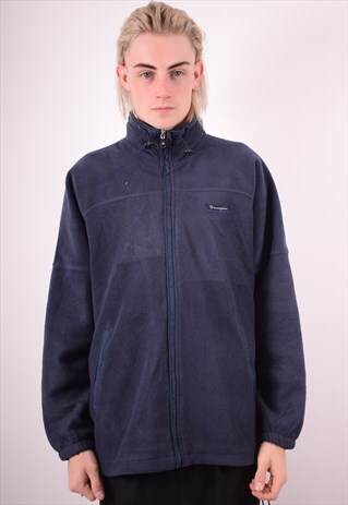 CHAMPION MENS VINTAGE FLEECE JACKET LARGE NAVY BLUE 90S