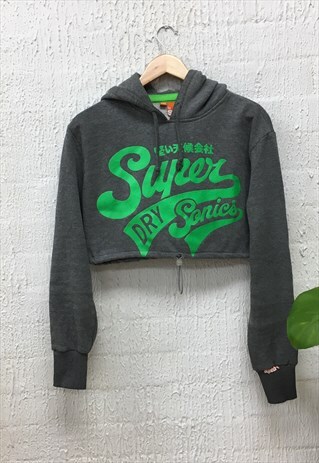 GREY SUPERDRY DRAWSTRING CROP HOODIE WITH GREEN PRINT