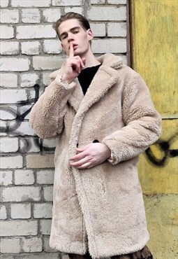 loose fit soft fleece jacket  fake fur thick Mac coat cream