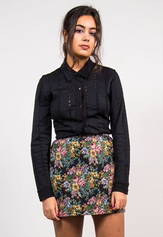 VINTAGE 70'S BLACK MESH STYLE PATTERN SHIRT BLOUSE