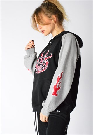 VINTAGE BLACK GREY Y2K FLAME HOODIE