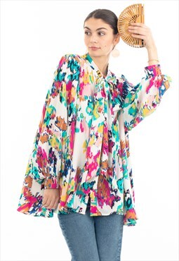 Wild Bloom multi color print oversized shirt with tie up bow