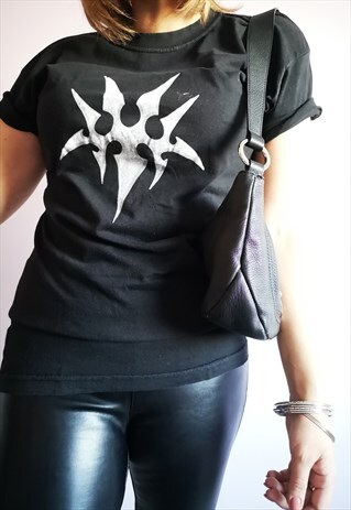 90S VINTAGE ABSTRACT PRINT GRUNGE BLACK OVERSIZE T-SHIRT TEE