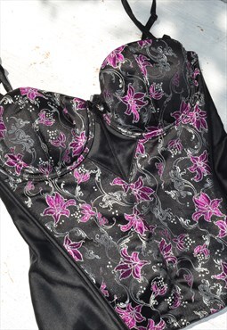 Vintage black/pink/silver jacquart satin stretch corset bust