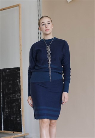 VINTAGE 80S LOW NECK LONG SLEEVE STRIPE DETAIL SKIRT SUIT 