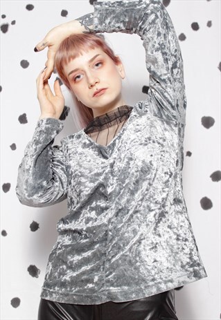 90S GRUNGE Y2K GOTH BLUE SILVER VELVET LONGSLEEVE CREASE TOP