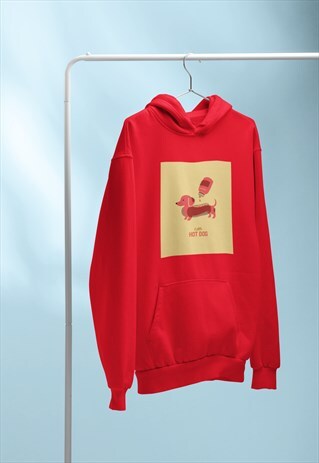 HOT DOG KETCHUP SAUSAGE YELLOW GOOFY RED HOODIE RETRO