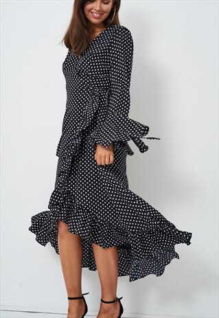 VALERIA LONG SLEEVE MIDI DRESS IN BLACK POLKA DOT