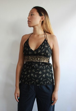 VINTAGE Y2K STYLE BLACK GOLD EMBROIDERY HALTER SUMMER TOP