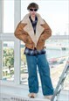 90's Vintage heavy duty faux fur warm leather jacket in tan